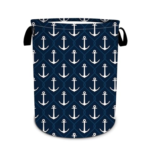 Image of Navy Blue Anchor Laundry Basket, Nautical Laundry Hamper Foldable Waterproof Oxford Cloth Funny Tote Bag Dirty Clothes Storage Bucket Toy Organizer for Bathroom/Laundry/Bedroom 15.7"x19.6"
