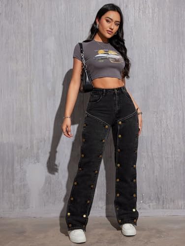 Women's High-Waisted Button Patch Jeans, Y2K Women's Jeans, Women's Casual Work Pants，Black4