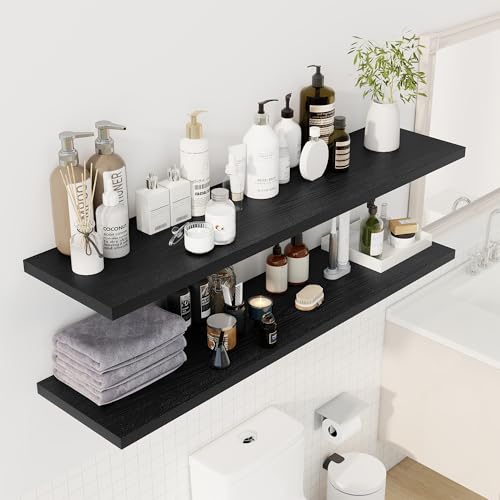 Image of Dreamland 55 inch Floating Shelves for Wall, 12 inch Deep Slim Black Floating Shelves, Wall-Mounted Shelves for Bedroom, Living Room, Kitchen, Bathroom - Set of 2