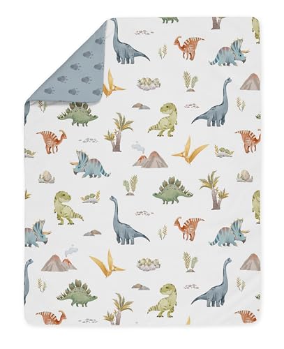 Image of Sweet Jojo Designs Watercolor Dinosaur Dino Boy Toddler Bedding Set Kids 5p Bed in a Bag Comforter Blanket Pillowcase Sham Sheets Green Slate Blue White Modern Jurassic Nature Animal Tracks Footprint