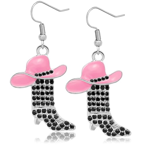 Rhinestone Western Boots Earrings Cowgirl Cowboy Enamel Hat Bohemian Rodeo Boot Drop Dangle Earrings for Women,Black Crystal,Silver & Pink Hat