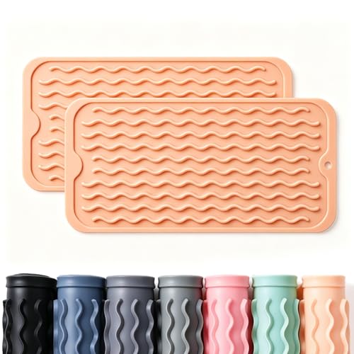 Image of 2 Pack Caketime Silicone Dish Drying Mat for Kitchen Counter Faucet Protector Under Sink Stone Rack Bath Mats for Bathroom Kitchen Decor Usage Absorbent Organizer Drain Tray 12inchx6inch Beige
