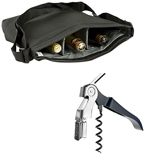 Koala Spain (6 Unidades) Pack Bolsa de Vino para Tres Botellas Color Negro y Sacacorchos Dos Tiempos Color Azul