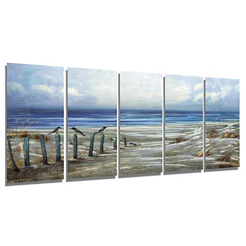 BATRENDY ARTS Wandkunst, aus Metall, Motiv: blauer Ozean, Strandkunst, Motiv: Vogel am Meer am Ufer auf Aluminiumplatte für Wohnzimmer Cover