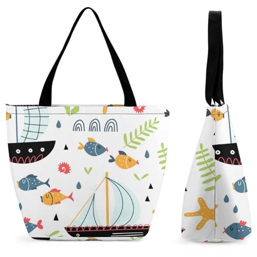 Sac de shopping bateau et poisson pour femme en toile robuste 28.5x18x32.5cm