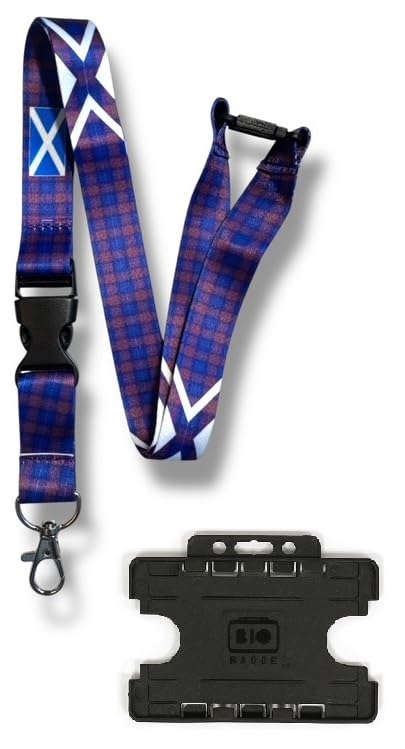 PAC Supplies Global Scottish Tartan Pattern Lanyard With Double Black Horizontal ID Card Holder (5, Pride Of Scotland, Blue)