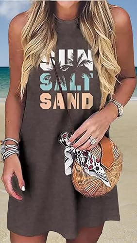 Image of Sun Salt Sand Coconut Tree Tank Mini Dress for Women Casual Loose Sleeveless Beach Praty Shirts Summer Vacation Short Dress