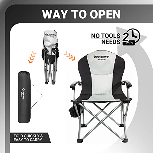 Kingcamp Folding Outdoor Lawn Oversized Camp Chair For Heavy Duty Adults With Cooler Bag Supports 353 Lbs(Black/Mediumgrey), Hard Armrest #TOP5