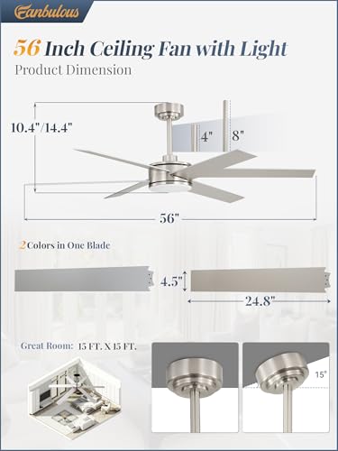 Image of 56 inch Outdoor Ceiling Fans with Lights, Dimmable 3CCT, Nickel | with Remote, Reversible DC Motor, 6 Blades, 6 Speed, for Indoor, Covered Outdoor, Patios
