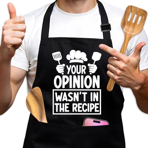 GOSJINNK Funny Cooking Aprons for Men, Your Opinion Wasn't in The Recipe Black Chef Apron, Adjustable Kitchen Cooking Apron with Pockets, Father's Day Gifts for Dad, Humor Birthday Gifts for Husband