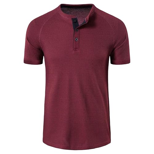Men Round Neck Short Sleeve Henry Shirt Quarter Button Waffle T Shirt Summer Classic Solid Comfortable Pullover (Wine Red,Medium)