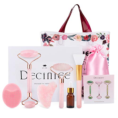 Deciniee Jade Roller, Gua Sha mit Gesichtsroller Set 6-teiliges Set,Natürliche Rosenquarz Hautpflege Massagewerkzeug Set, Gesichtsroller Gua Sha Stein Beauty Tools zum Abnehmen Festigen Rosa Cover