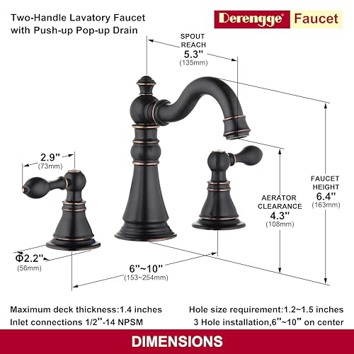 Derengge Two Handle Bathroom Sink Faucet Oil Rubbed Bronze 3 Hole Bathroom Faucet with Pop up Drain, 8 Inch Widespread Bathroom Faucet,High Arc Lavatory Faucet,F-8303-ORB by Derengge - Image 5