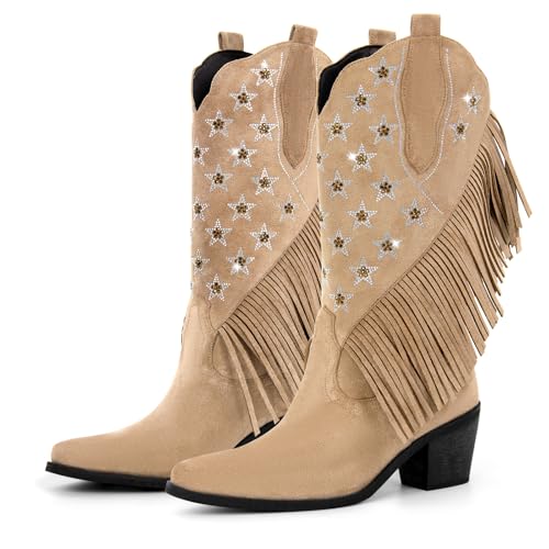 richealnini Mid Calf Fringe Cowboy Boots Glitter Rhinestone Western Cowgirl Boots with Tassel Pull On Stacked Heels Prom Wedding Shoes Dressy2
