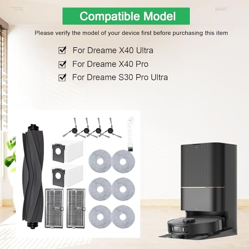 DianSung Accessory Set for Dreame X40 Ultra / X40 Pro / S30 Pro Ultra Vacuum Cleaner Replacement Part, Main Brush, 6 Wipes, 2 Dust Bags, 4 Side Brushes, Filter