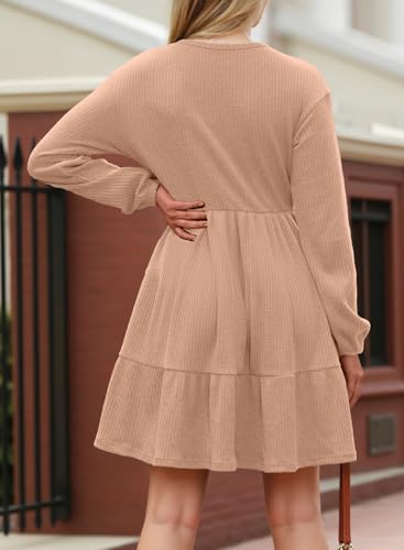 Image of Dokotoo Womens Dresses Long Sleeve V Neck Lightweight Ribbed Knit Empire Waist Casual A Line Swing Mini Dress