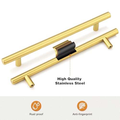 Image of Probrico 10 Pack 7-1 /2 Inch Center-to-Center Kitchen Cabinet Pulls T Bar Gold Cabinet Handles Modern Drawer Hardware Dresser Pulls, 10 inch Total Length