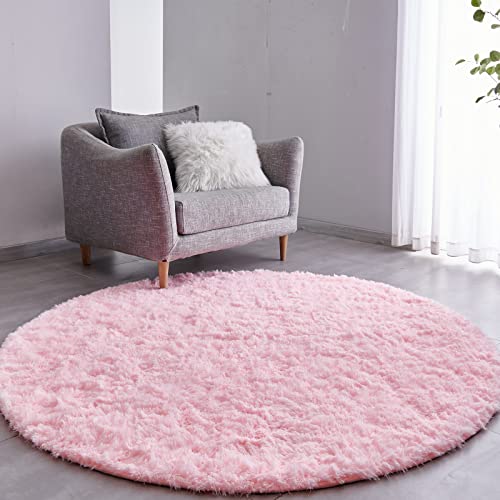 Image of FJZFING Pink Round Rug Ultra-Soft Plush Modern 4x4 Circle Area Rug for Kid's Bedroom, Fluffy Shag Circular Rug for Nursery Room, Non-Slip Home Decor Cute Pink Carpet for Teen's Room