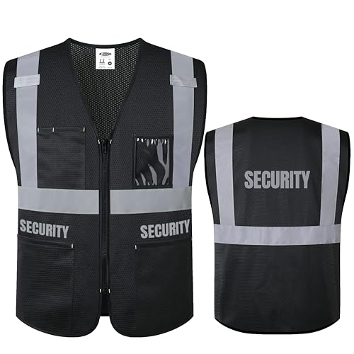 JKSafety Security Vest for Security Guard Hi Vis Safety Vest for Men Women High Visibility Reflective Vests with Pockets and Zipper Front Meet ANSI/ISEA Standard (BX310S-Black L)