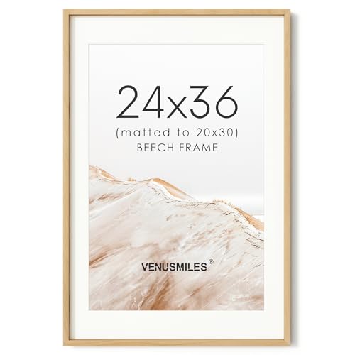 Image of 24x36 Poster Frame, USA-Sourced Natural Beech Wood Picture Collage Frame with HD Tempered Glass, Modern Simple 24 x 36 Wooden Photo Frame Matted to 20x30, Vertical & Horizontal Wall Hanging Display