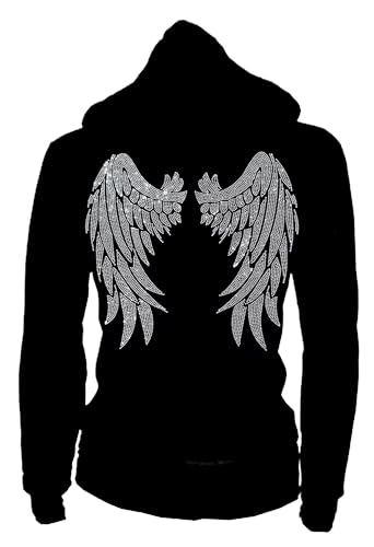 Fashion2ne1 Women's Zip Up Hoodie with Rhinestone Angel Wings and Pockets, Black, S-4XL, EVENT, CONCERT, PARTY (US, Alpha, Medium, Regular, Regular, Black)