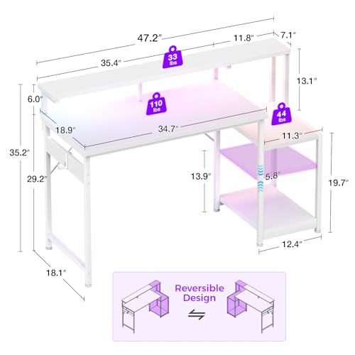 Image of AODK 48 Inch Gaming Desk with LED Lights, Computer Desk with Storage Shelves, Reversible Desk with Monitor Stand, White