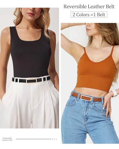 AWAYTR Women Reversible Leather Belt - Two-in-One Women Fashion Skinny Belt for Jeans with Golden Buckle3