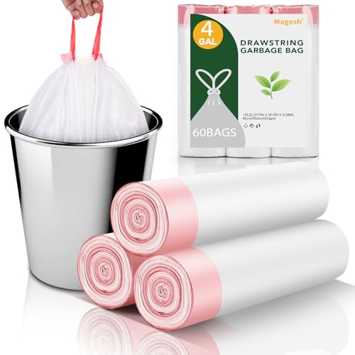 Small Drawstring Garbage Bags 4 Gallon - Unscented Clear White 4 Gal Trash Bags 60 Count 15 Liters Strong Plastic Mini Waste Basket Bathroom Office Liners for Home Kitchen Can Bulk Magesh