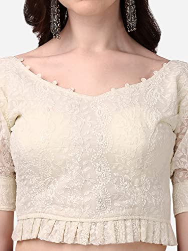 Pujia Mills Women's Georgett Lucknowi Embroidery Puff Sleeve Tie UP Blouse (Lucknowi Tie)