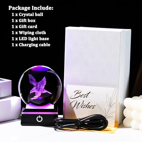 Image of Arikyrist 3D Eagle Figurine Crystal Ball with Colorful Light Base, Eagle Gifts for Women Men, Modern Home Office Decor
