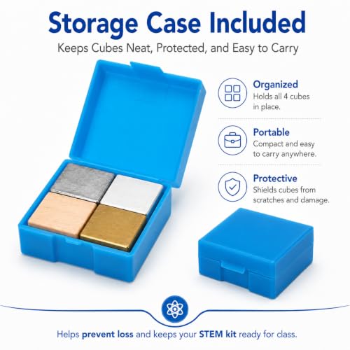 Image of Baluue STEM Density Cube Set 4-Pack 20mm Brass, Iron, Aluminum & Wood Blocks for Archimedes Principle & Specific Gravity Labs School & Classroom Science Kit