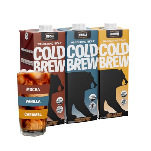 Wandering Bear Organic Cold Brew Coffee Variety Pack - Extra Strong, Bold, Smooth, Unsweetened, Shelf-Stable, Ready to Drink & Vegan, Iced Cold Brewed Coffee Drink - 32 fl oz (3pk - Vanilla, Caramel, Mocha)