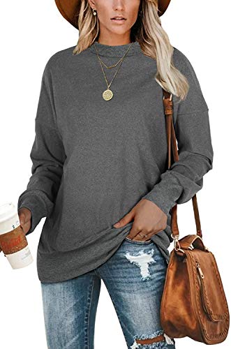 Hount Women's Crew Neck Long Sleeve Shirts Spring Casual Oversized Sweatshirts Pullover Large Deep Gray