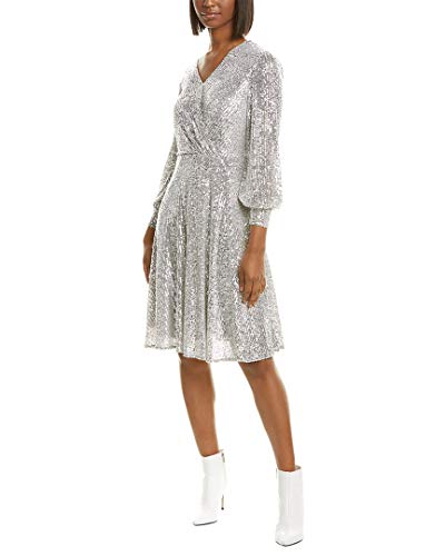 Tahari ASL Women's Long Sleeve Surplus Wrap Dress Special Occasion, Silver Sequin, 8