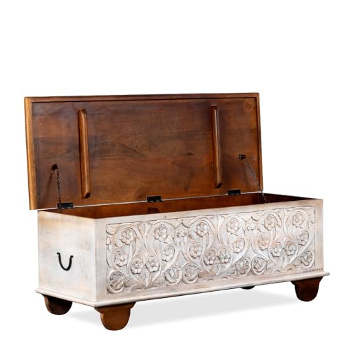 Image of Teba Wooden Trunk Box for Storage | Solid Wood Coffee Table for Living Room | Center Coffee Table with Storage | Front Wooden Carved Sandook Pitara for Home Decor & Bedroom (White Distress)