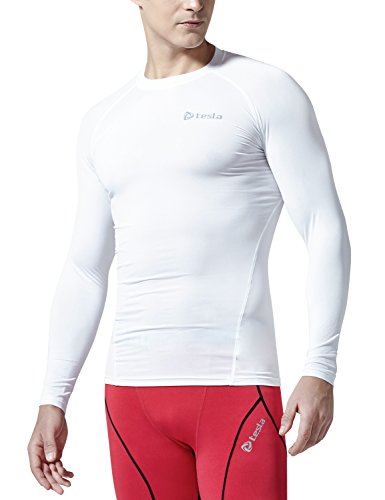 TSLA Men's UPF 50+ Compression Shirts, Cool Dry Long Sleeve Athletic Tops, Sports Baselayer Workout Shirt, Zero White, Medium