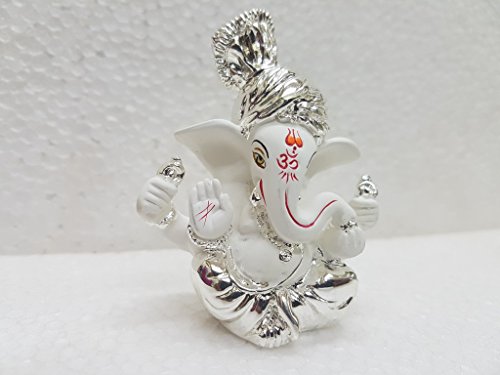 Gold Art India Ceramic Pagdi Ganesh Idol For Car Dashboard Small Ganesha Murti Ganpati Idol For Home Decor Puja Lord Ganesh Statue Gift For Office Desk Puja Room Figurine, 6X4X3Cm, Silver, Idol