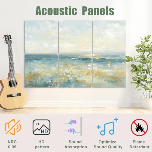 6 Pack de Paneles Acústicos Artísticos Absorbentes de Sonido Azul Gold Coast Seascape Abstracto Horizonte Línea Océano Cielo Reflejado Paneles Decorativos para Pared con Auto Adhesivo para Estudios de Grabación Oficina 72"x48" miniatura 3