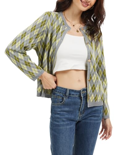 Women's Knit Sweater Cardigan Lightweight Grunge Argyle Plaid Preppy Y2K E-Girl Long Sleeve Button Coatigans3