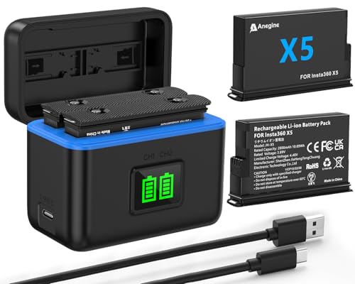 Anegine Insta 360 X5 Akku 2800mAh und Schnelles 2-Kanal LED USB Ladegerät Kompatibel mit Insta360 X5 Action Kamera Zubehör mit SD Speicherkartensteckplatz (2er-Pack)