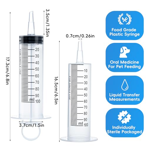 4 Stück Spritzen 100ml Kolostrum Spritze, Kunststoffspritzen mit Kappen aufziehspritze Ohne Nadel, Sterile Einzelverpackung für Wissenschaftliche Labore Füttern (4 x 100ml)