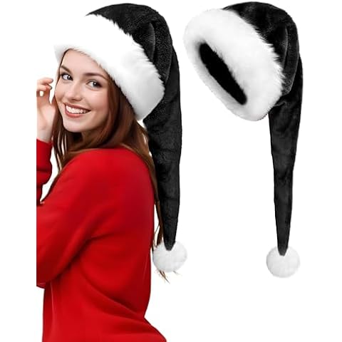 Long Black Santa Hat, Black and White Adults Xmas Christmas Hat for Black Christmas Theme New Year Festive Holiday Party Supplies Cover