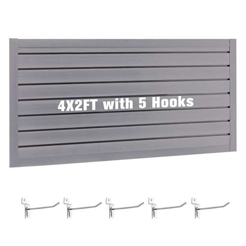 Slatwall Garage Storage Panel with 5 Hooks (Grey)