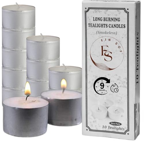 Ein Sof Set of 10 pcs Tea Lights for Home Décor – 9 Hours Burning Time, White, Non Scented, Wax Tealight with Long Wick, Candle Light Dinner, Birthday Decoration & Bedroom Diffuser t Lamp