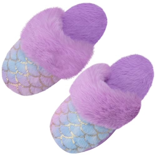 Girls Fluffy Mermaid Star House Slippers Cozy Warm Slip-on Animal House Shoes for Kids Bedroom Indoor Outdoor, Purple Scale, 12-13 Little Kid
