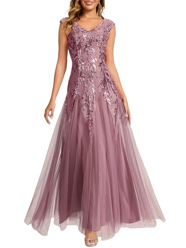 Ever-Pretty Women's Sequin V-Neck Formal Evening Dresses Cap Sleeves Ball Gowns Prom Dress Orchid...