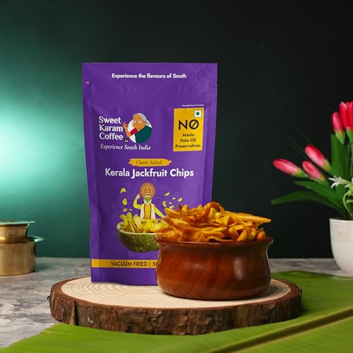 Image of Sweet Karam Coffee Kerala Jackfruit Chips - Pack of 6 (50 g each) | Classic Salted Chakka Chips | No Palm Oil or Preservatives | Crunchy Vacuum Fried Snack | Traditional Homemade Recipe