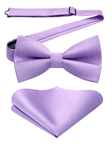 HISDERN Bow Ties for Men Lavender Pre-Tie Bow Tie and Pocket Square Set Adjustable Solid Color Bow Tie Classic Mens Tuxedo Bowtie for Wedding Party