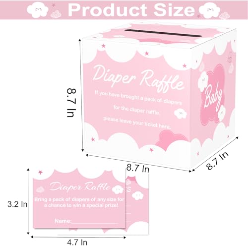 Image of Diaper Raffle Tickets with Card Box, 50 Pink Raffle Tickets and Box for Baby Shower Game, Gender Reveal, Oh Baby Theme Party Decorations