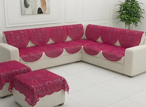Image of Fab Nation Sofa Cover L Shape 7 Seater with Corner L Type Fully Covered Sofa Set for Living Room | Cotton Sofa Slipcovers for 4 + 3 Seaters Cover + 2 Setty Cover Set | Red